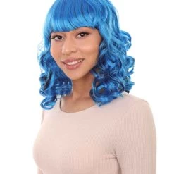 HPO Men's Blue Wavy Womens Wig | Medium Curly Cosplay Halloween Wig | Premium Breathable Capless Cap