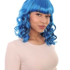 HPO Men's Blue Wavy Womens Wig | Medium Curly Cosplay Halloween Wig | Premium Breathable Capless Cap