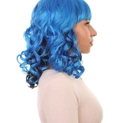 HPO Men's Blue Wavy Womens Wig | Medium Curly Cosplay Halloween Wig | Premium Breathable Capless Cap