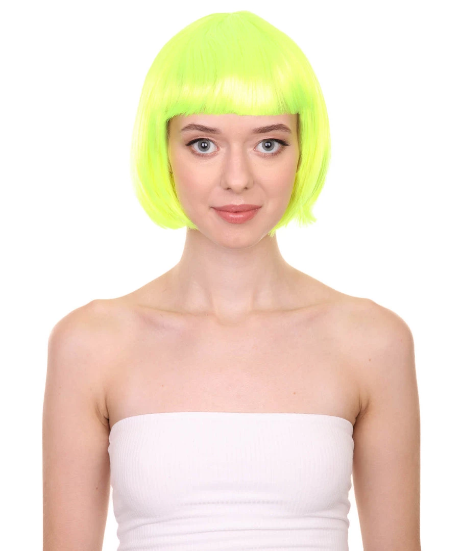 HPO Short Bob Neon Green Womens Wig | Party Ready Fancy Cosplay Halloween Wig | Premium Breathable Capless Cap