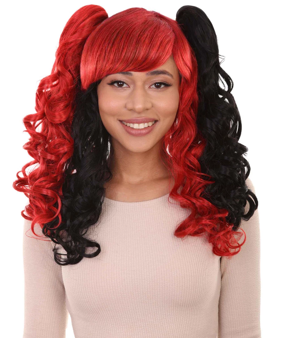 HPO Black And Red Jester Womens Wig | Long Curly Cosplay Halloween Wig | Premium Breathable Capless Cap Women's