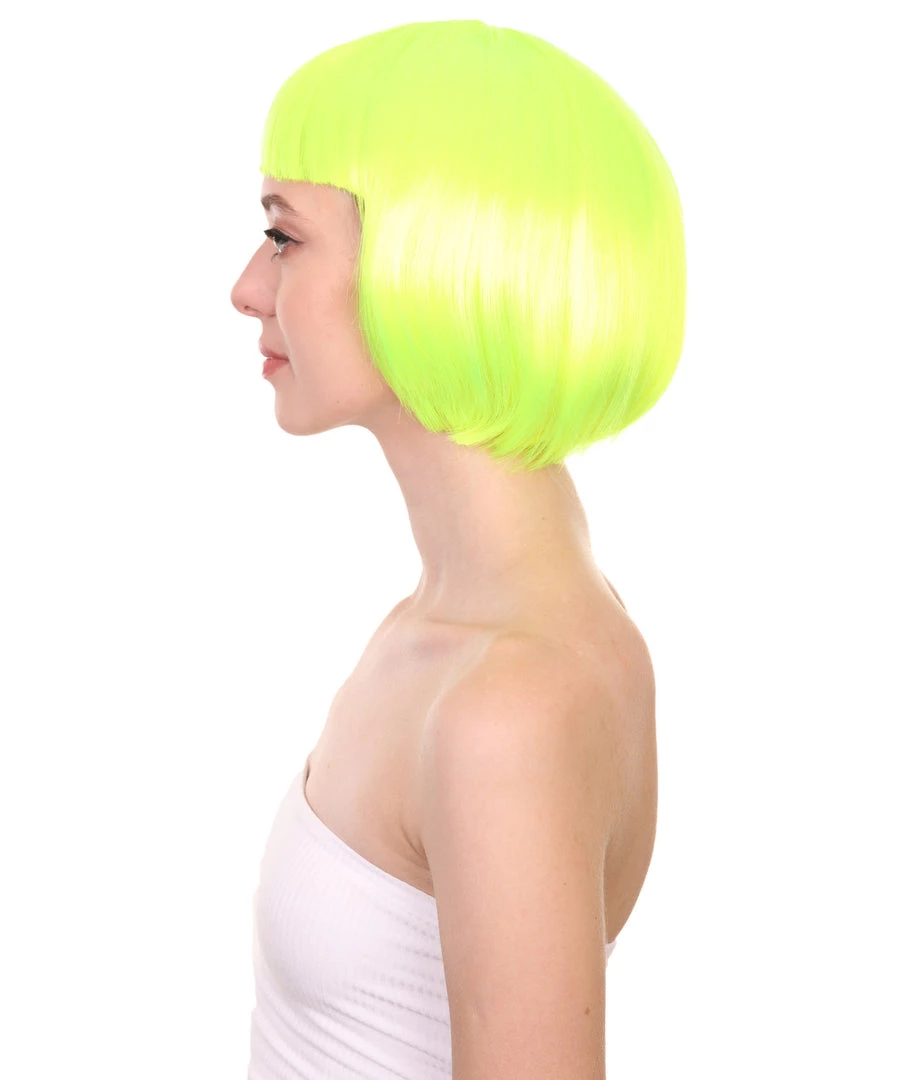HPO Short Bob Neon Green Womens Wig | Party Ready Fancy Cosplay Halloween Wig | Premium Breathable Capless Cap