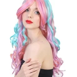 HPO Womens Fantasy Wig | Pink Sky Blue Long Curly Party Every Ready Wig | Premium Breathable Capless Cap Men's