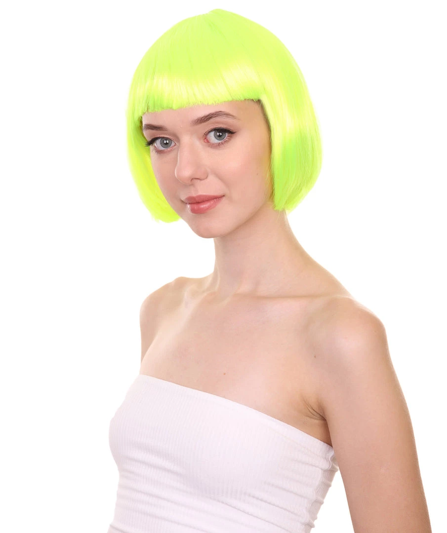 HPO Short Bob Neon Green Womens Wig | Party Ready Fancy Cosplay Halloween Wig | Premium Breathable Capless Cap
