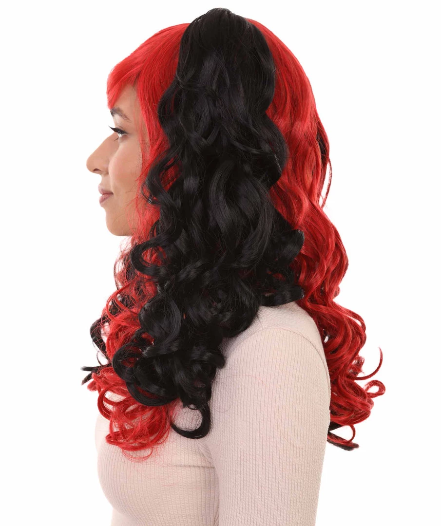 HPO Black And Red Jester Womens Wig | Long Curly Cosplay Halloween Wig | Premium Breathable Capless Cap Women's