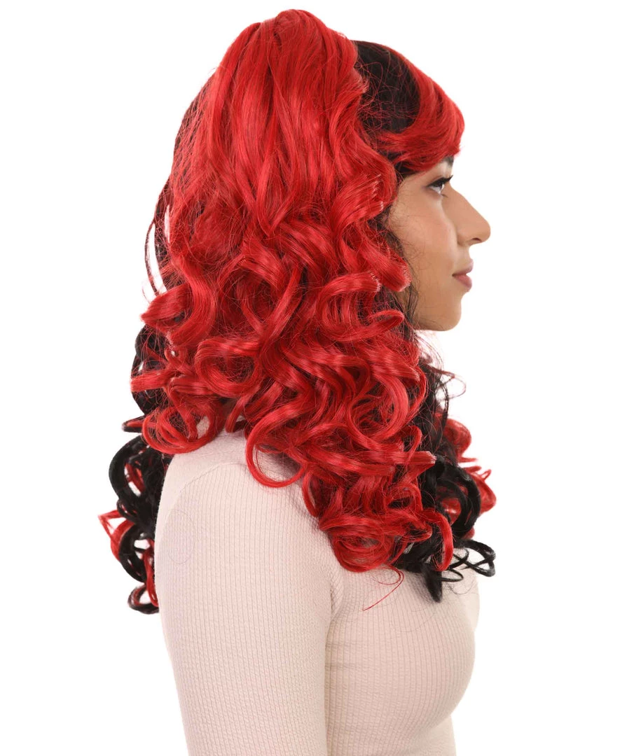 HPO Black And Red Jester Womens Wig | Long Curly Cosplay Halloween Wig | Premium Breathable Capless Cap Women's