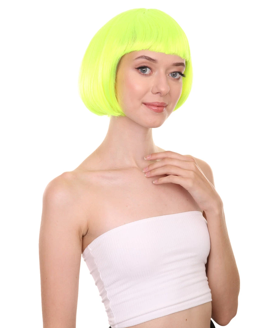 HPO Short Bob Neon Green Womens Wig | Party Ready Fancy Cosplay Halloween Wig | Premium Breathable Capless Cap