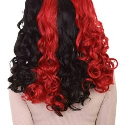 HPO Black And Red Jester Womens Wig | Long Curly Cosplay Halloween Wig | Premium Breathable Capless Cap Women's