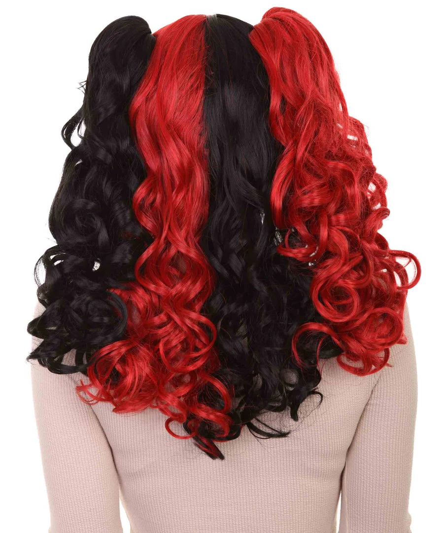 HPO Black And Red Jester Womens Wig | Long Curly Cosplay Halloween Wig | Premium Breathable Capless Cap Women's