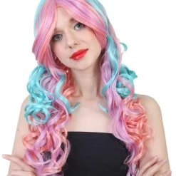 HPO Womens Fantasy Wig | Pink Sky Blue Long Curly Party Every Ready Wig | Premium Breathable Capless Cap Men's