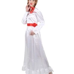 HPO Women's Evil Annabella Doll | White Long Maxi Dress In Satin-Feel | Premium Horror Halloween Costume