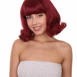 Adult Women's 12" Inch Medium Length Wavy Halloween Cosplay Anime Groovy Jinkies House Wife Velma Costume Wig, Synthetic Fiber Wine Hair, | HPO