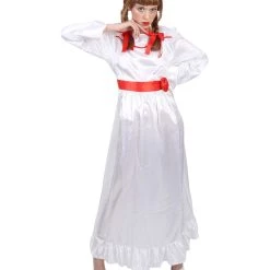HPO Women's Evil Annabella Doll | White Long Maxi Dress In Satin-Feel | Premium Horror Halloween Costume