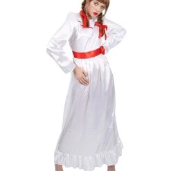 HPO Women's Evil Annabella Doll | White Long Maxi Dress In Satin-Feel | Premium Horror Halloween Costume