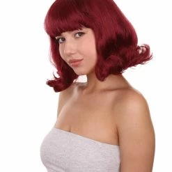 Adult Women's 12" Inch Medium Length Wavy Halloween Cosplay Anime Groovy Jinkies House Wife Velma Costume Wig, Synthetic Fiber Wine Hair, | HPO
