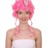 Adult Women's 21" Inch Long Length Wavy Halloween Pink Buffant Drag Queen Wig, Synthetic Soft Fiber Hair, Perfect For Your Next Convention And Group Anime Party! | HPO