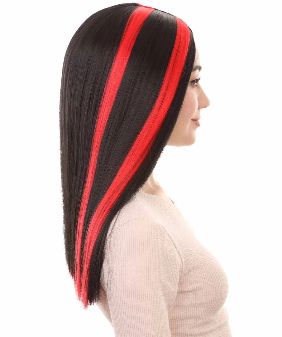 HPO Women's Vampire Black And Red Stripe Womens Wig | Sexy Horror Cosplay Party Halloween Wig | Premium Breathable Capless Cap