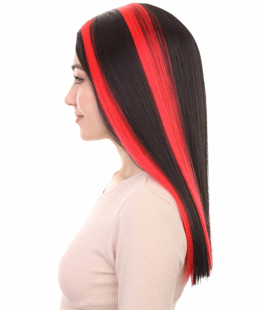HPO Women's Vampire Black And Red Stripe Womens Wig | Sexy Horror Cosplay Party Halloween Wig | Premium Breathable Capless Cap