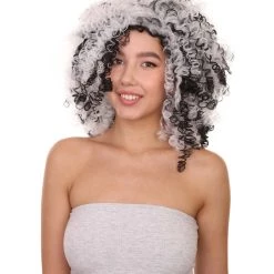 HPO Witch Two-tone Afro Womens Wig | Curly Horror Black And White Jumbo Wig | Premium Breathable Capless Cap