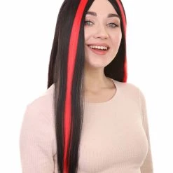 HPO Women's Vampire Black And Red Stripe Womens Wig | Sexy Horror Cosplay Party Halloween Wig | Premium Breathable Capless Cap