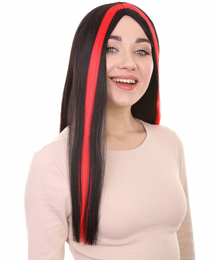 HPO Women's Vampire Black And Red Stripe Womens Wig | Sexy Horror Cosplay Party Halloween Wig | Premium Breathable Capless Cap