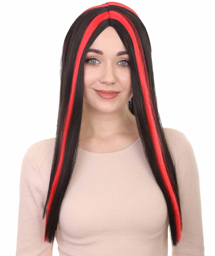 HPO Women's Vampire Black And Red Stripe Womens Wig | Sexy Horror Cosplay Party Halloween Wig | Premium Breathable Capless Cap