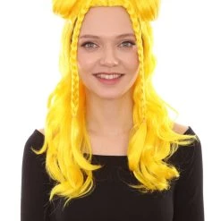 HPO Womens Long Braided Bun Wig | Bright Yellow Wig | Premium Breathable Capless Cap