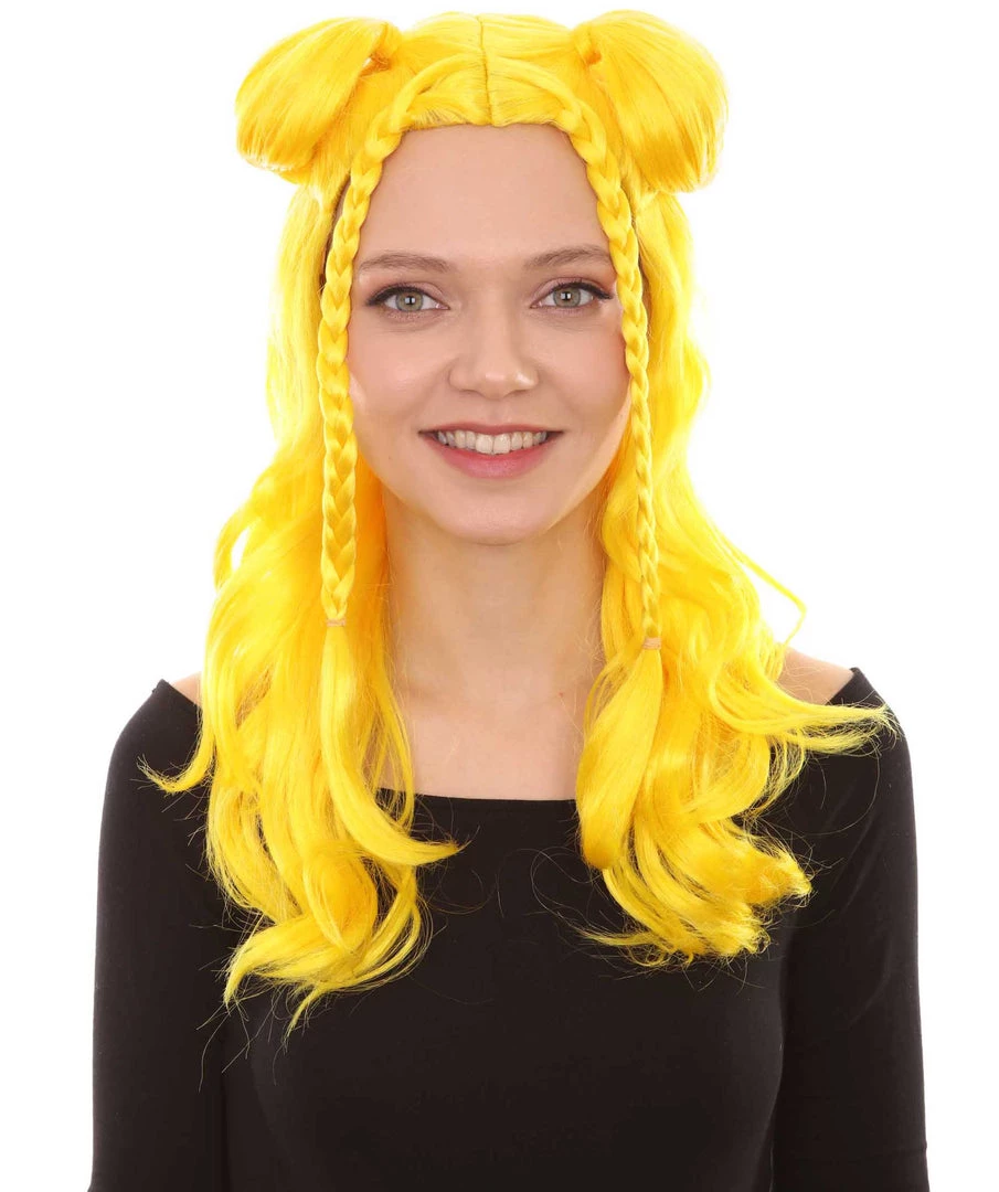 HPO Womens Long Braided Bun Wig | Bright Yellow Wig | Premium Breathable Capless Cap