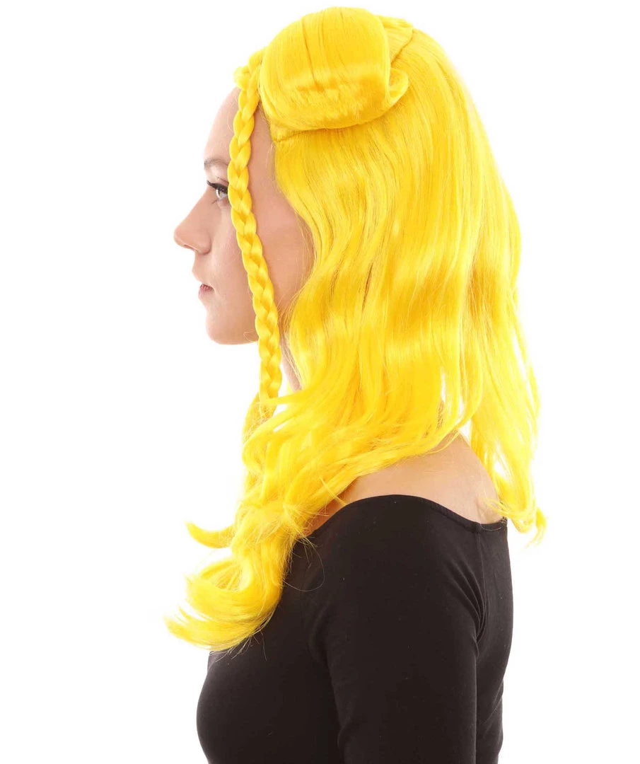 HPO Womens Long Braided Bun Wig | Bright Yellow Wig | Premium Breathable Capless Cap