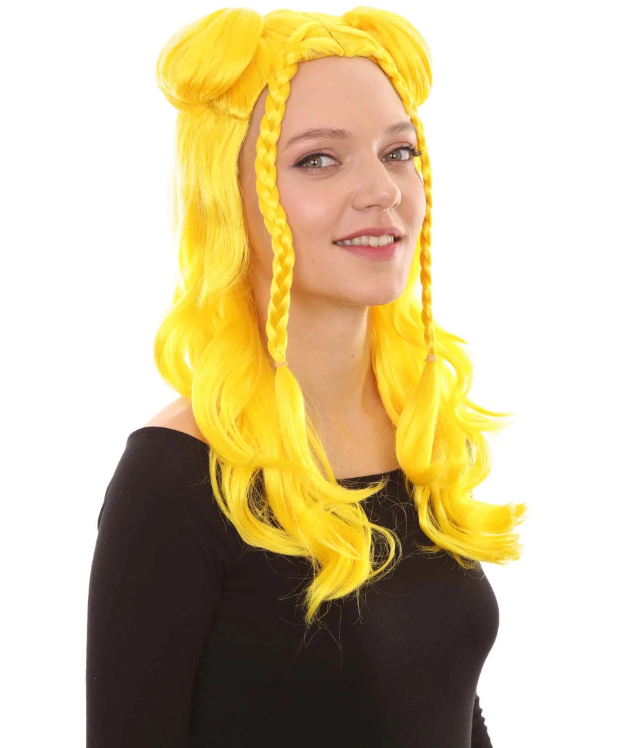 HPO Womens Long Braided Bun Wig | Bright Yellow Wig | Premium Breathable Capless Cap