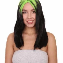 HPO Billie Pop Mullet | Black Wig With Neon Green Roots And Choppy Bangs | Premium Halloween Wig Women's