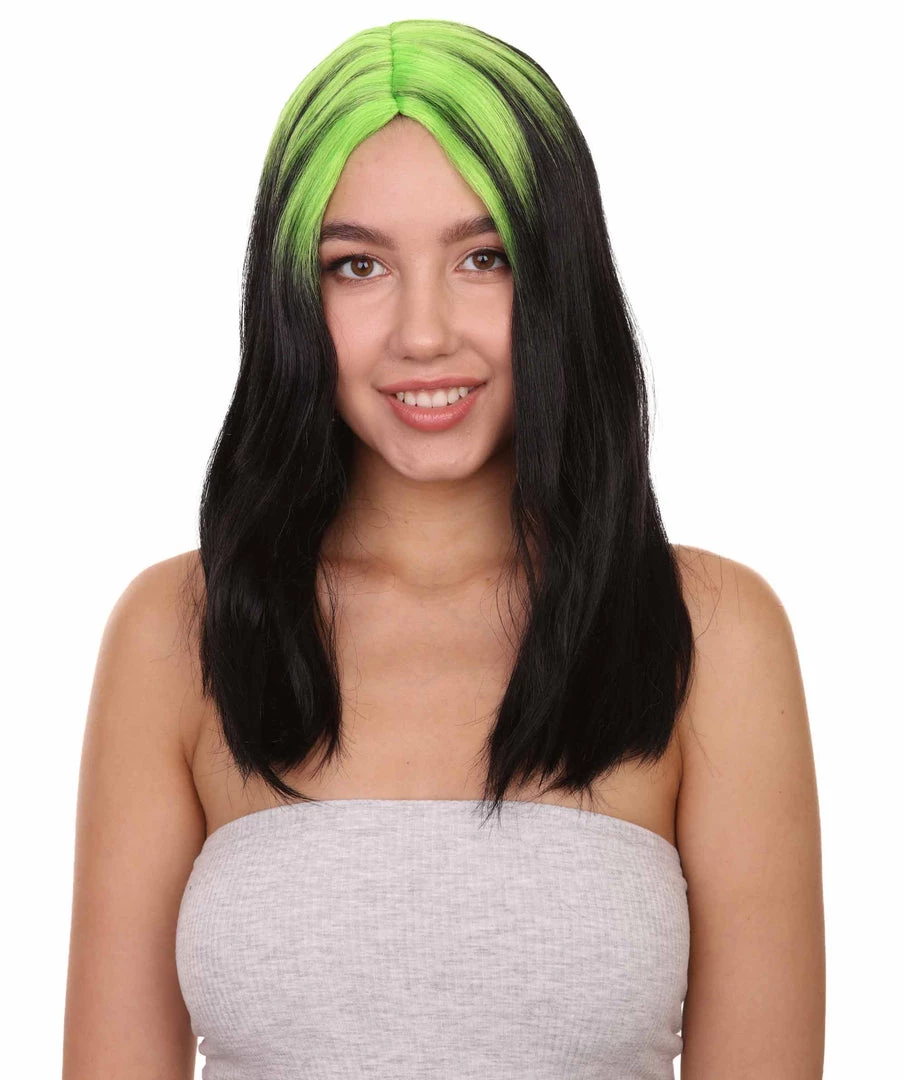 HPO Billie Pop Mullet | Black Wig With Neon Green Roots And Choppy Bangs | Premium Halloween Wig Women's