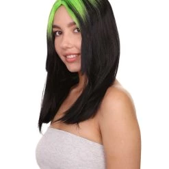 HPO Billie Pop Mullet | Black Wig With Neon Green Roots And Choppy Bangs | Premium Halloween Wig Women's