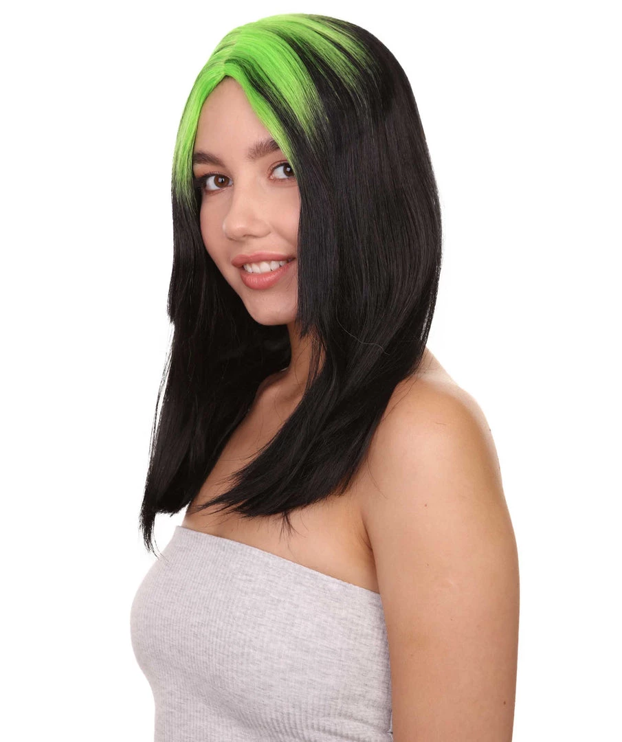 HPO Billie Pop Mullet | Black Wig With Neon Green Roots And Choppy Bangs | Premium Halloween Wig Women's