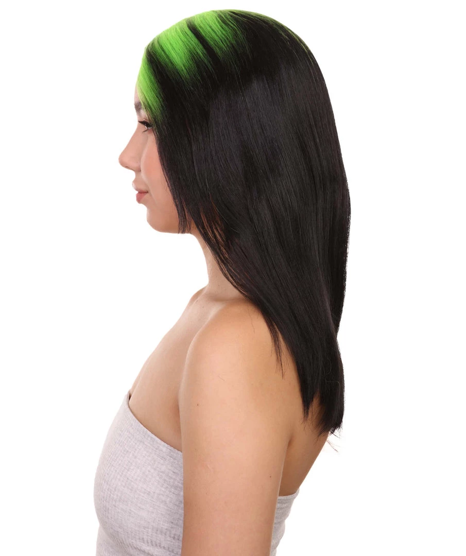 HPO Billie Pop Mullet | Black Wig With Neon Green Roots And Choppy Bangs | Premium Halloween Wig Women's
