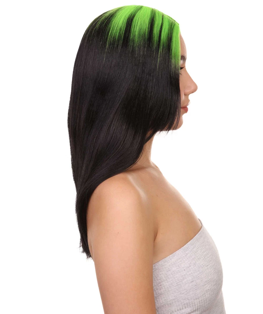 HPO Billie Pop Mullet | Black Wig With Neon Green Roots And Choppy Bangs | Premium Halloween Wig Women's