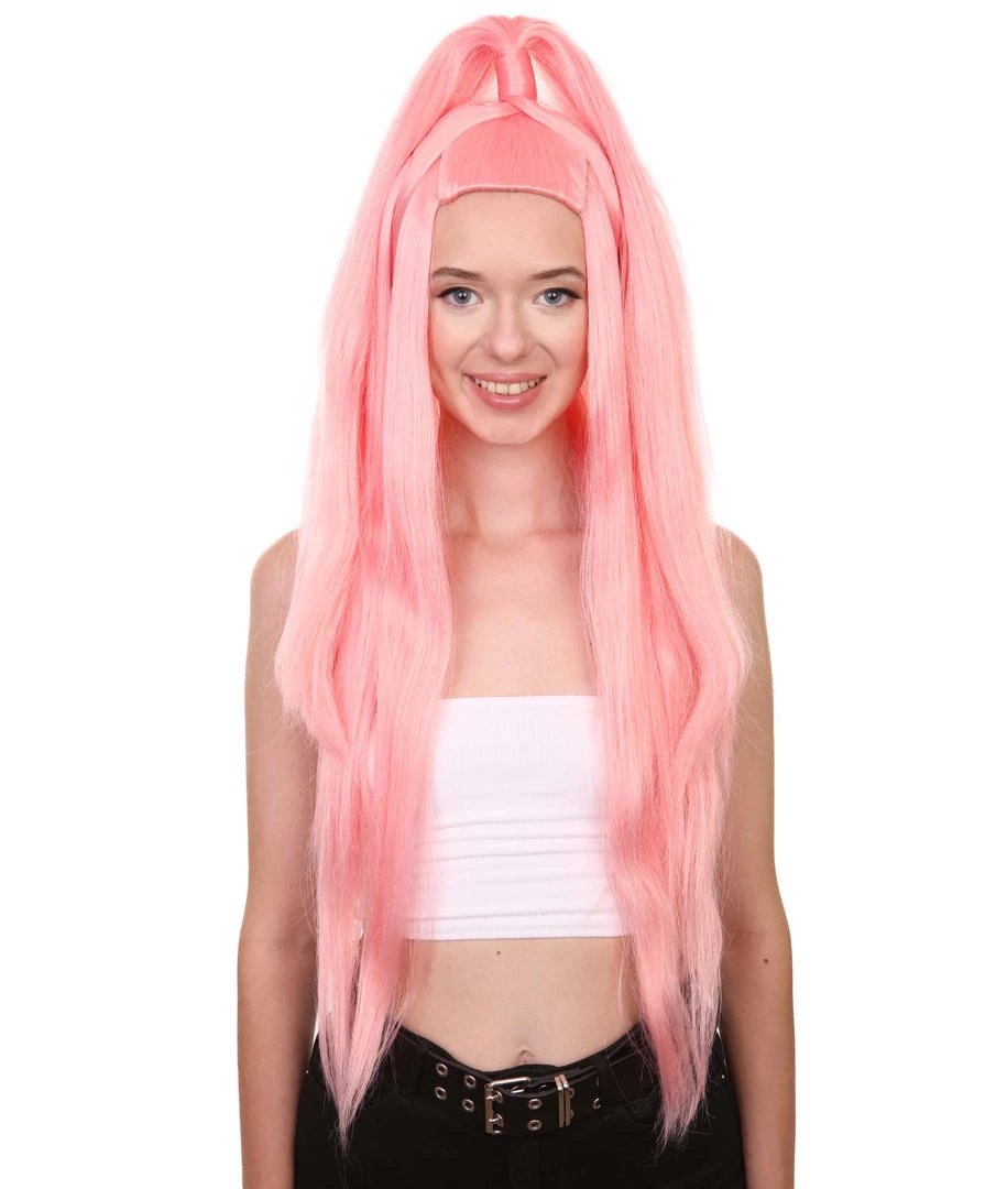 HPO Chromatic Pop Angel | Bubblegum Pink Half Up Wig With Wrapped Top Knot | Premium Halloween Wig Women's
