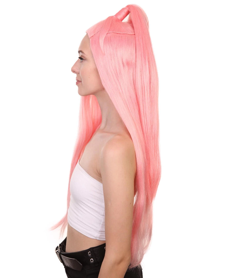 HPO Chromatic Pop Angel | Bubblegum Pink Half Up Wig With Wrapped Top Knot | Premium Halloween Wig Women's