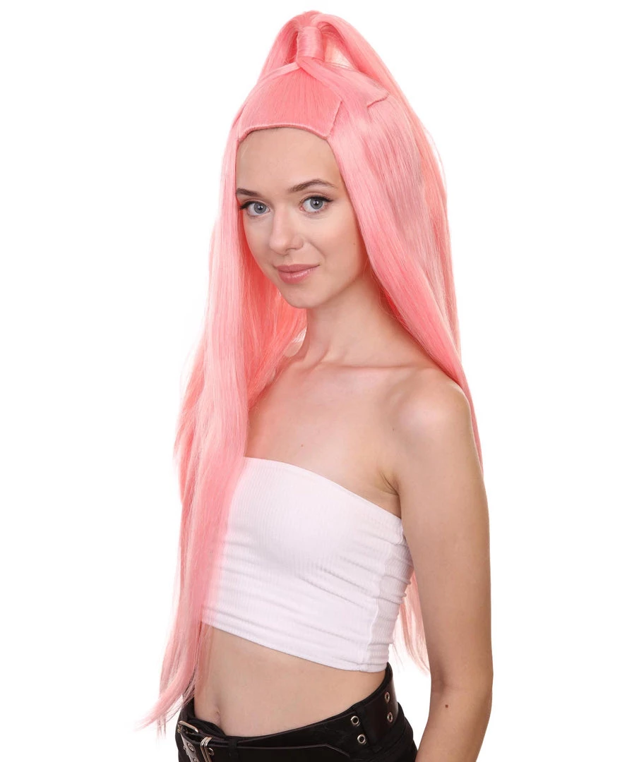 HPO Chromatic Pop Angel | Bubblegum Pink Half Up Wig With Wrapped Top Knot | Premium Halloween Wig Women's