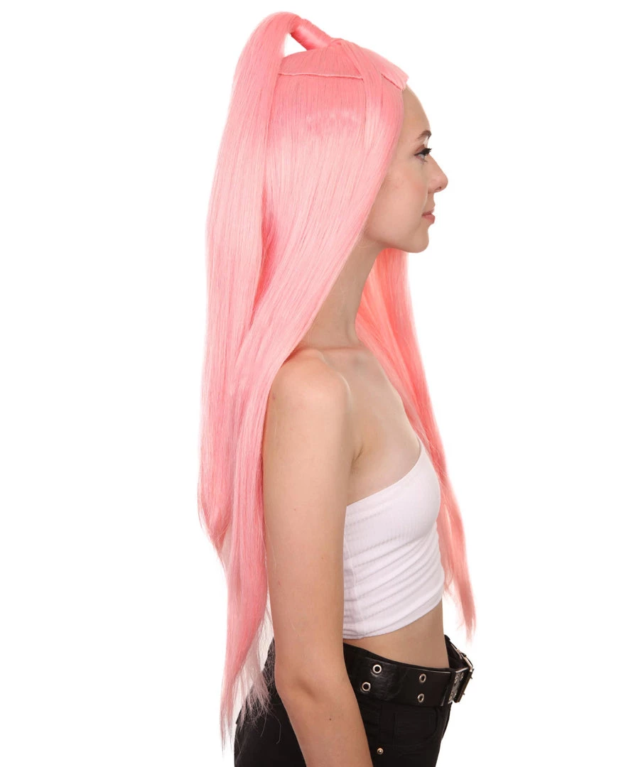 HPO Chromatic Pop Angel | Bubblegum Pink Half Up Wig With Wrapped Top Knot | Premium Halloween Wig Women's