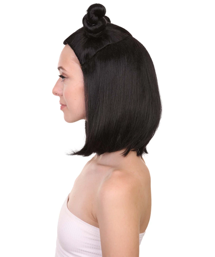 HPO Shoulder Length Double Bun Black Hair Women's Wig - Capless Cap Design