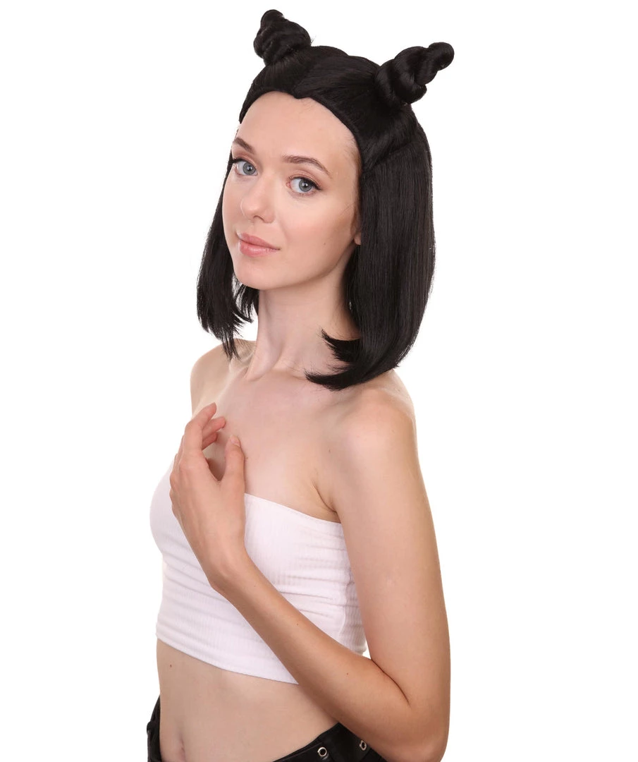 HPO Shoulder Length Double Bun Black Hair Women's Wig - Capless Cap Design