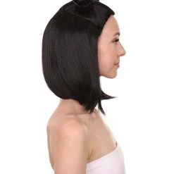HPO Shoulder Length Double Bun Black Hair Women's Wig - Capless Cap Design