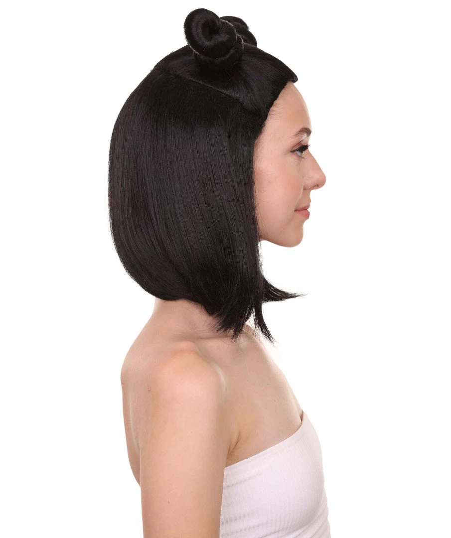 HPO Shoulder Length Double Bun Black Hair Women's Wig - Capless Cap Design