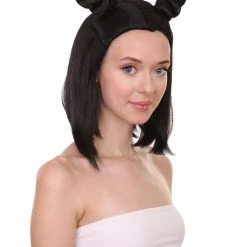 HPO Shoulder Length Double Bun Black Hair Women's Wig - Capless Cap Design