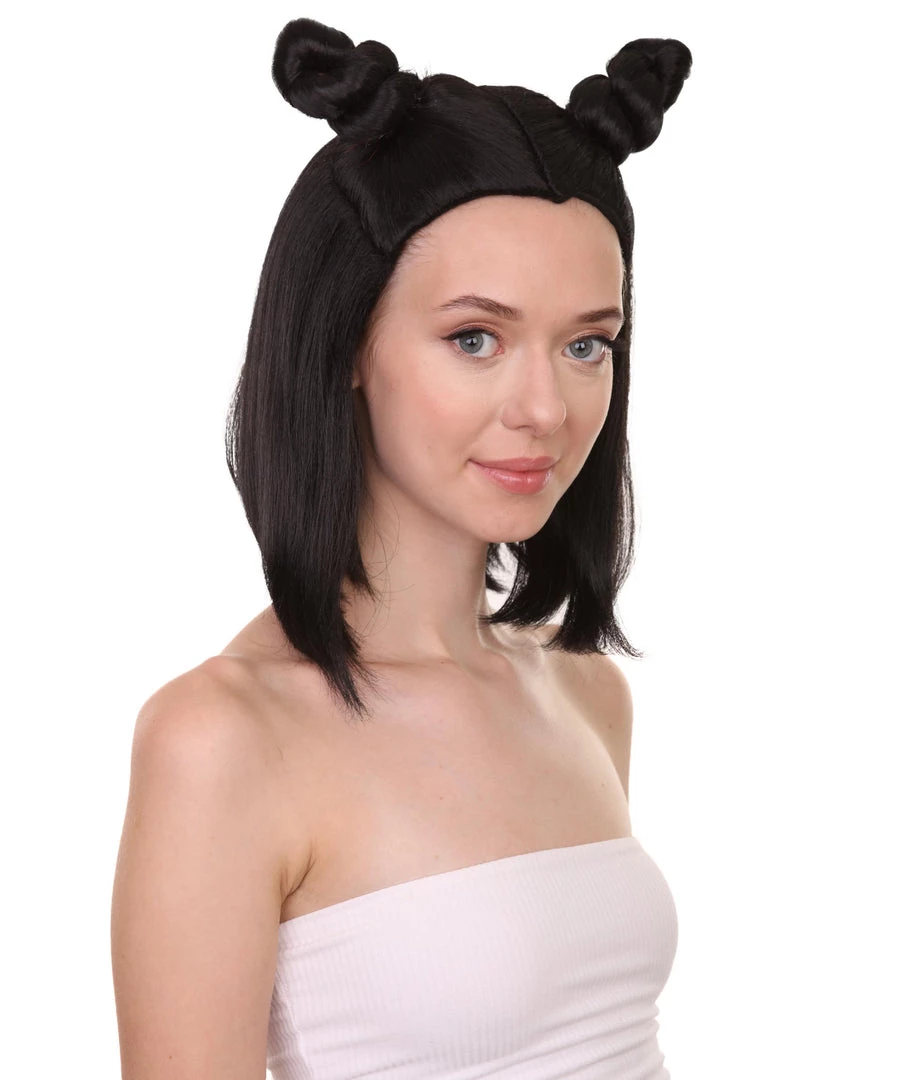 HPO Shoulder Length Double Bun Black Hair Women's Wig - Capless Cap Design