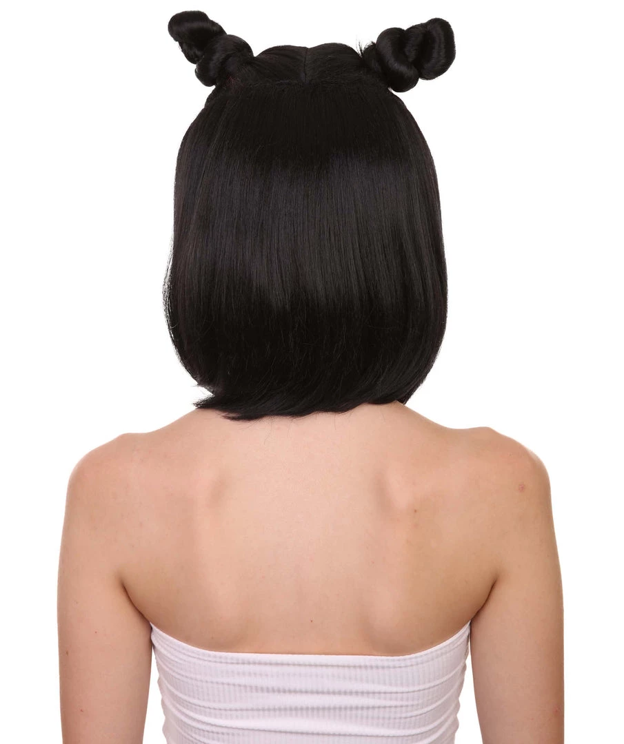 HPO Shoulder Length Double Bun Black Hair Women's Wig - Capless Cap Design