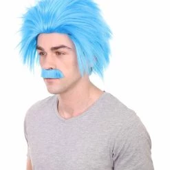 HPO Men's Blue Mad Scientist Wig & Mustache | Mens Cosplay Halloween Wig | Premium Breathable Capless Cap