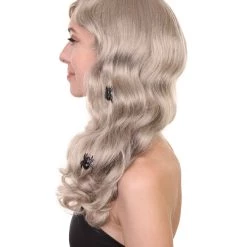 HPO Spider Web Wig | Women's Shoulder Length Witches Spider Web Wig - Long Wavy Grey Hair - With Scary Black Spiders