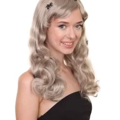 HPO Spider Web Wig | Women's Shoulder Length Witches Spider Web Wig - Long Wavy Grey Hair - With Scary Black Spiders